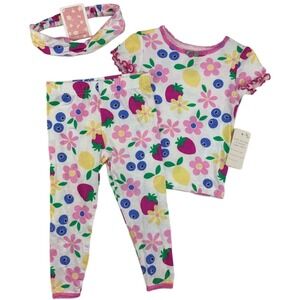Btween Baby Girls 18M Bamboo Fruit Floral Print Pajama Set Top Pants Headband
